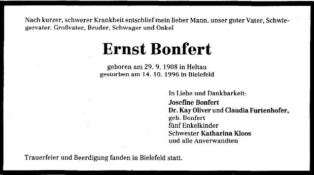 Bonfert Ernst 1908-1996 Todesanzeige